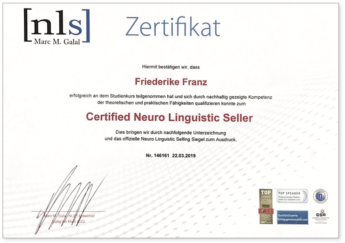 Certified Neuro Linguistic Seller Zertifikat - Friederike Franz