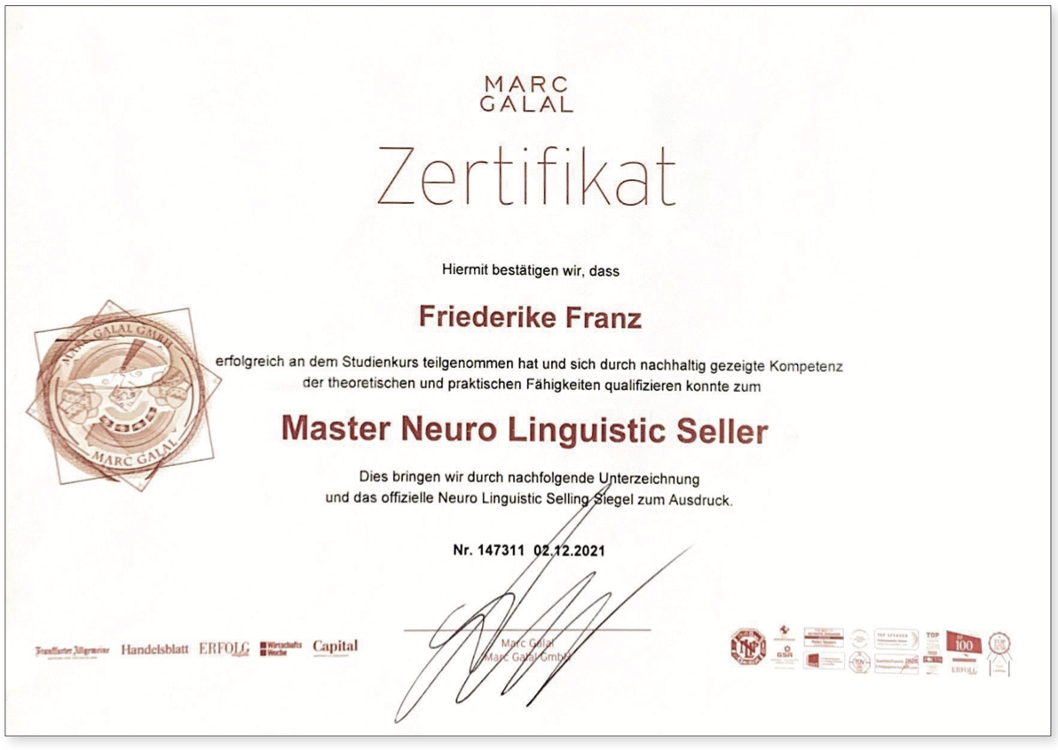 Master Neuro Linguistic Seller Zertifikat - Friederike Franz